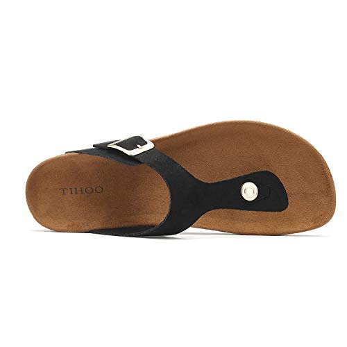 Women's T-Strap Thong Sandals Buckle Slip On Flip-Flops Beach Casual Platform Footbed Slippers (11, Black)