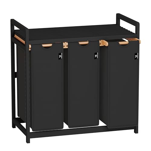 AdelDream Wäschekorb 150L,3 Fächer Wäschesammler mit Ablage,Bambusrahmen