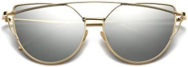 Women Cat Eye Mirrored Flat Lenses Metal color film Sunglasses UV400 (Gold, Silver)