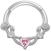 Zynova 16G Pink CZ Heart Septum Rings for Women 316L Surgical Steel Silver Vine Rose Clicker Septum Ring Hinged Segment Cartilage Daith Hoop Earrings Septum Piercing Jewelry 10mm