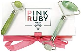 Pink Ruby Beauty Double Jade Roller Anti Aging Facial Massager | Skincare Therapy For Healthy & Radiant Skin | Helps Reduce Puffiness & Fine Lines | 100% Natural & Genuine Jade Stone Face Roller