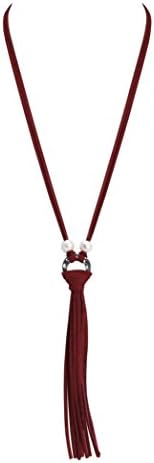 Women's Costume Tassel Pendant Necklace with Freshwater Cultured Pearl on Suede Leather Cord-Wine Red