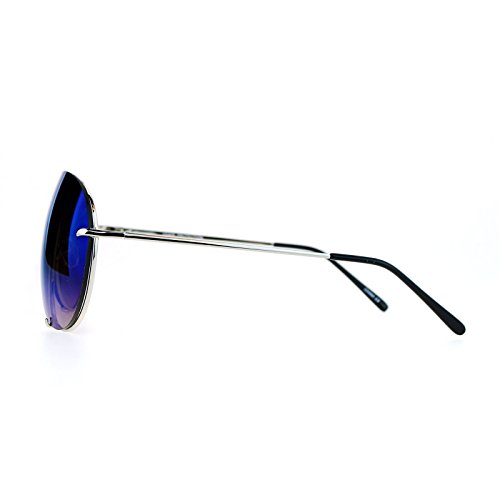 Oversized Round Aviator Sunglasses Metal Rims Silver, Blue Mirror Lens