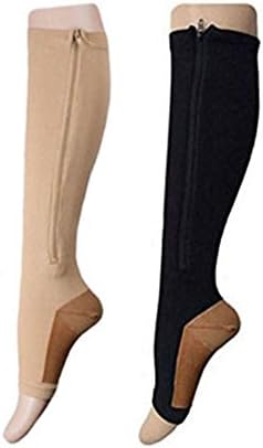 2 Pairs Open Toe Knee Length Copper Infused Zipper Compression Socks By Gofriendly 15-20 mmHg Support 3 Size (L/XL, 1 Black 1 Nude)