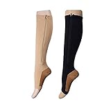 2 Pairs Open Toe Knee Length Copper Infused Zipper Compression Socks By Gofriendly 15-20 mmHg Support 3 Size (L/XL, 1 Black 1 Nude)