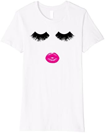 Womens Fancy Eyelash &amp; Lipstick - Lash &amp; Lips Makeup Face Tee Shirt Small White