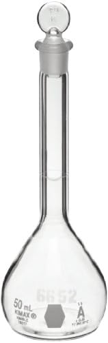 Kimax 28017-50 Borosilicate Glass 50mL, +/-0.05mL Tolerance, Round with Flat Bottom Class A Serialized and Certified Volumetric Flask, with Stopper (Pack of 1)