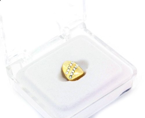 Grillz - Gold Tone - Single Hip Hop Bling Tooth - 2 Row Stripe Iced Out