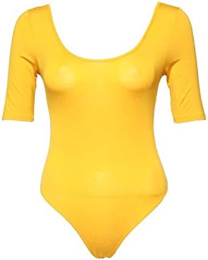 MIDNIGHT LOVERS Womens Solid 3/4 Sleeve Scoop Neck Low Back Bodysuit Leotard (Mustard, Small)