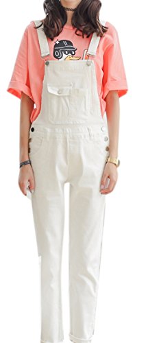 Skirt BL Women's Sweet Skinny Pocket Cuffed Long Romper Denim Bib Overall White
