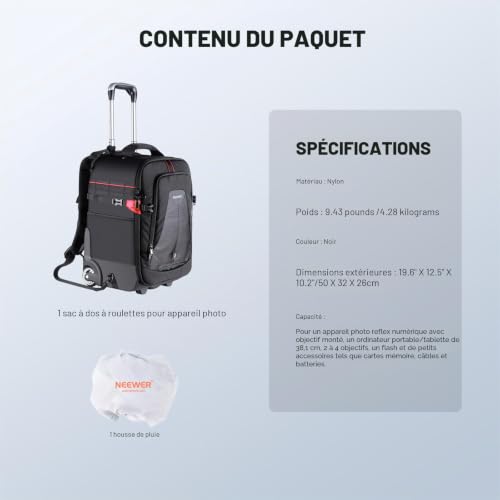 Neewer - 2 in 1 Camera Trolley Case - Durable and Waterproof - (Padded Shockproof Detachable Compartment, Hidden Pull Up Bar) Black