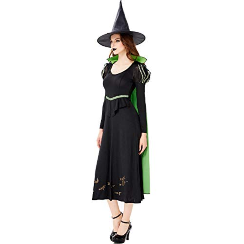 charmsamx Womens Halloween Witch Costume Classic Spellcaster Witch Cosplay Spooky Halloween Clothes Black Casual Dress with Witch Hat and Green Capes for Party Festival
