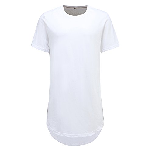Mens Hipster Hip Hop Basic Longline Curved Hem Crewneck Short Sleeve T-shirt (L, White)