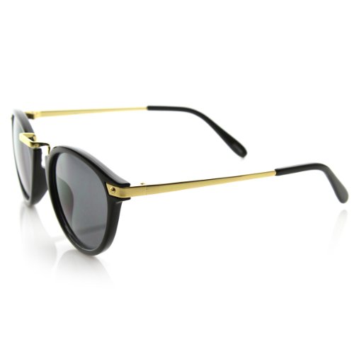 zeroUV - Vintage Inspired Round Horned Rim P-3 Frame Retro Sunglasses (Shiny Black-Gold)