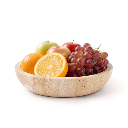 WORHE Marble Fruit Bowl Italy Natural Travertine Stone- Handcrafted Serving Dish 8.7" Decorative Kitchen Counter Accent, Elegant Dining Table Centerpiece, Banana Holder, Perfect Home Decor Gift