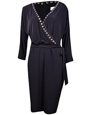 Calvin Klein Women's Belted Grommet Trim Faux-Wrap Jersey Dress