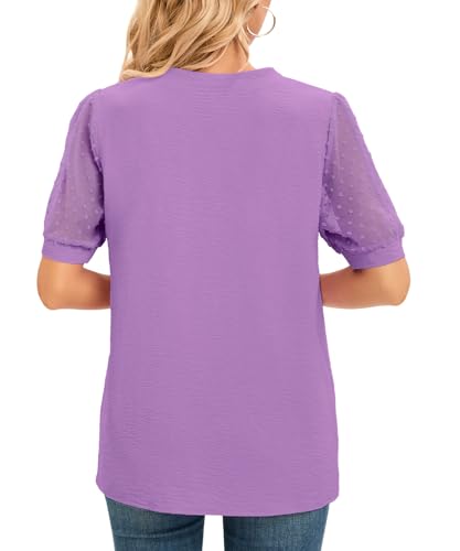 NILOUFO WOMENS SUMMER CASUAL SHIRTS SHORT SLEEVE TOPS NOTCH V NECK BLOUSES TRENDY TUNIC(B:LIGHT PURPLE, SMALL)