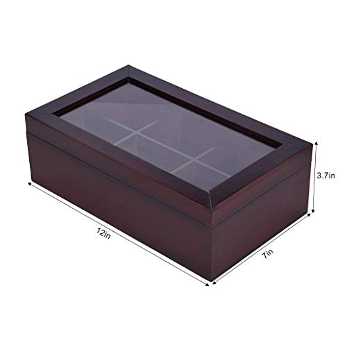 Iusun Bamboo Tea Box Organizer Chest with Clear Hinged Lid 6 Compartments Small Drawer Tea Bag Classic Teabag Holder Variety Box Storage Sections 12X7X3.7'' - Ship From USA (Redwood) - Thumbnail 6