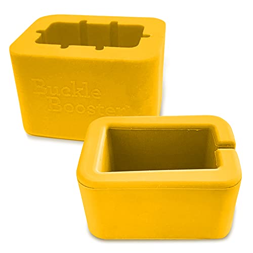 BPA-Free Car Seat Belt Buckle Booster Yellow - Keeps Your Receptacle Stable & Upright – with Kid Safety Sticker Set Gift (2-Pack, Combo Pack (1 Tall + 1 Short))