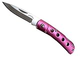 Small Folding Pocket Knife, Curved Pink Anodized Aluminium Handle, Quality Stainless Steel lockback Blade, Sturdy Nylon Pouch