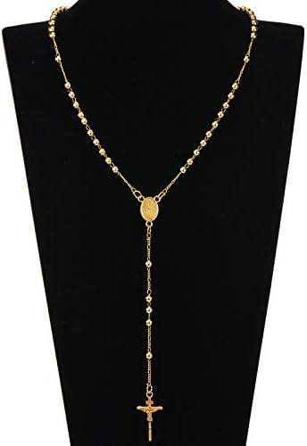Gperw Fashion Accessories Hiphop Jesus Beaded Cross Rosary Necklace-Gold