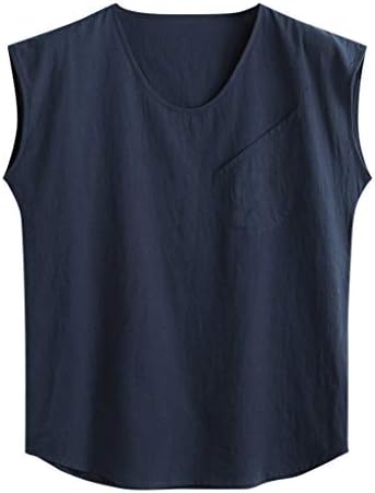 Viewk Men's Baggy Cotton Linen Solid Pocket Sleeveless O-Neck Vest Tank Tops Blouses Breathable Leisure Wear