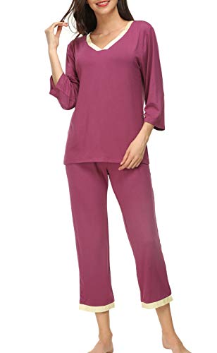 Invug Women 3/4 Long Sleeve Shirt Pants Set Sleepwear V Neck Long Pajamas Loungewear Dark Rose S - Thumbnail 3
