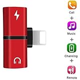 Splitter Compatible with iPhone 7, 7 Plus, 8, 8 Plus, X, iPad,iPad Pro, 2 in 1 Dual Headphone Jack Audio + Charge Cable Adapter,Work with iOS 12 or Later, Sync,Music Control (Red)
