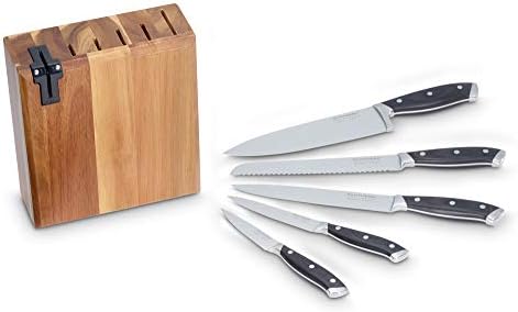 EW-MB-1370 juego de bloques de cuchillos de madera de acacia con pies de goma antideslizantes, incl. afilador de cuchillos integrado, 6 piezas