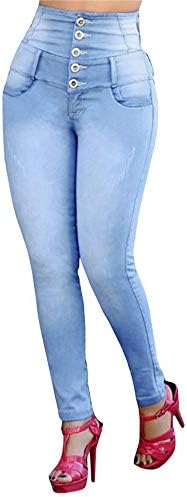 Shybuy Women's Autumn Stretch High Waist Casual Straight Row Buckle Feet Short Jeans