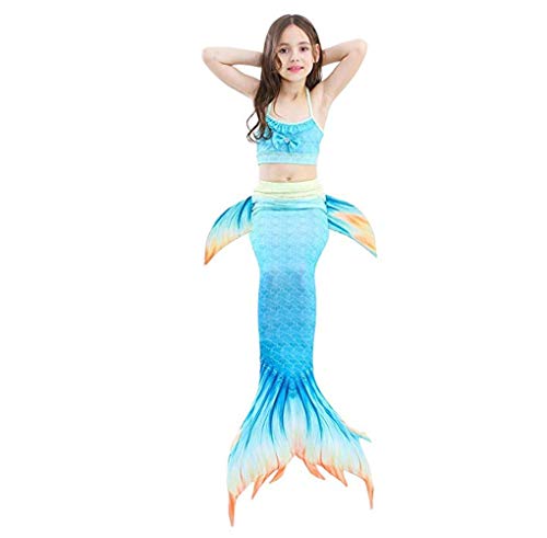 Kids Girls Sparkle Mermaid Tail with Monofin Swimmable Swimwear 4pcs Sets for Kids 3~10Years (110 (4-5 Years), A-Beige Blue) - Thumbnail 2