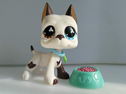 Vspiderman LPS Great Dane 577 White and Brown Different Eyes Dog Puppy with Accessories Collar Food Collection Figure Kids Girls Boys Gift