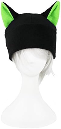 Mrawp Women's Black Fleece Beanie Cat Hat (Black and Neon Green)