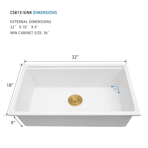YAQUN White Undermount Kitchen Sink 32 Inch - Drop in Granite Quartz Composite Workstation Sink - Deep Single Bowl,Dual Mount,with Accessories