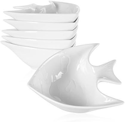 Small White Porcelain Serving Bowls 3.75-Ounce - Set of 6 - For Ceviche, Appetizers, Snacks, Tapas, Dips, Starters - Fish Shape - MARCELITO