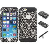 iPhone 6s Case, Wireless Fones TM Hybrid Tough Armor Kickstand Cover White Damask Flower Snap On Over Grey Skin for iphone 6 / iPhone 6s