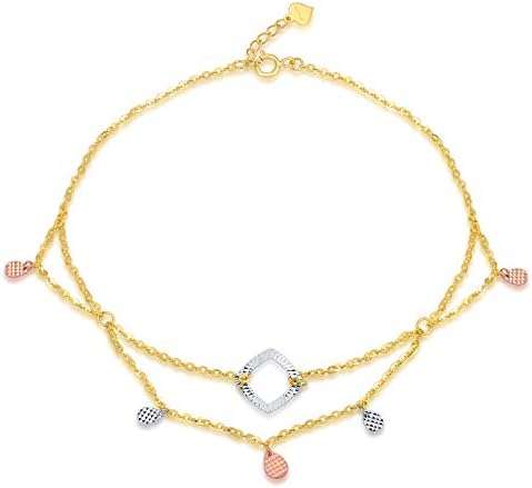 MaBelle 18K Tri-Color Gold Open Square and Dangling Teardrop Anchor Chain Anklet (9")