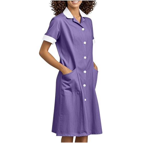 Womens Housekeeping Maid Uniform Dress Button Down