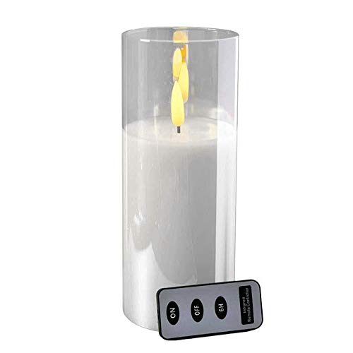 LED Candle in Glass with Remote Control and Timer, Diameter 10 cm, Realistic and Flickering Flame, Christmas Decoration (‎White, Large: 25 cm)