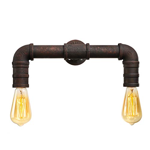 BAYCHEER HL371005 Steel Pipe Double Metal Wall Lamp Vintage Edison Retro Steampunk Water Pipe Wall Lighting Wall Sconce use 2 E26 Light Bulbs in Black