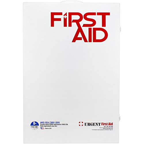 OSHA & ANSI 4 Shelf Industrial First Aid Cabinet with Pocket Liner, 150 Person, 1125 Pieces, 2015 Class B+, Types I & II, Made in USA by Urgent First AidTM with extra content & NEW ANSI First Aid Guide