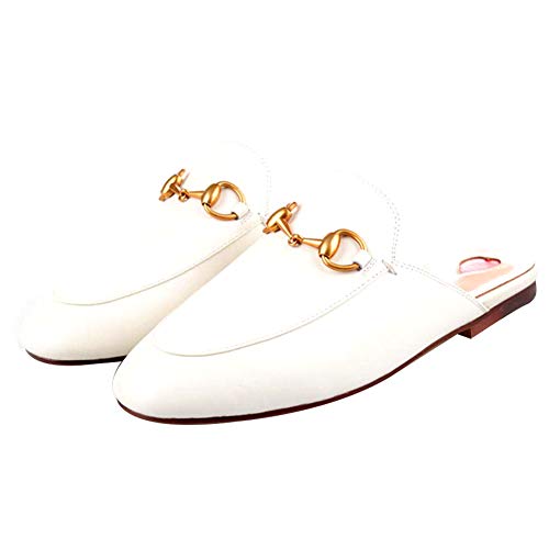 GEEDIAR Leather Mules Women Shoes Mules Flats Shoes and Slides Backless Loafer Slip-on Slippers with Embroidery and Buckle White Size 8.5 - Thumbnail 2