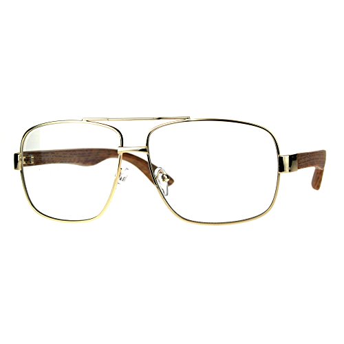 Vintage Style Clear Lens Glasses Mens Square Navigator Frame Gold, Light Wood