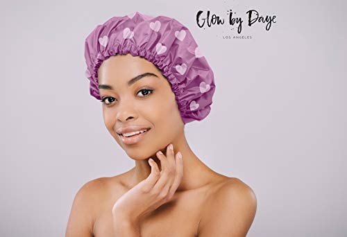 Large Satin Lined Shower Cap- Adjustable, Waterproof, Satin Interior for Hair Protection, Designed for Large, Long, or Natural Hair, Reusable Cap by Glow by Daye (Pink Hearts/Lavender