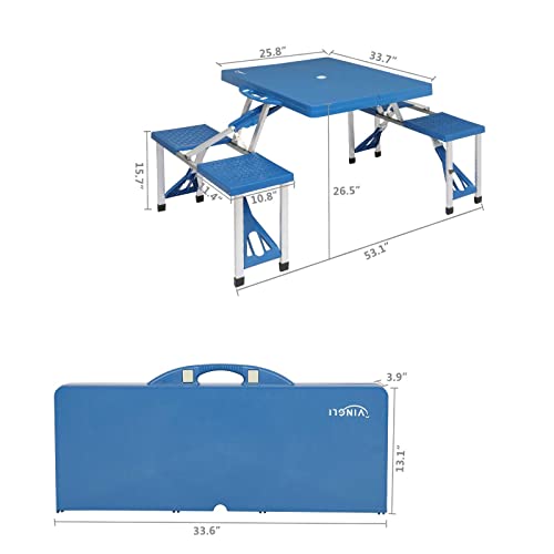 VINGLI 4 Ft Camping Picnic Table Set with 4 Seats with Umbrella Hole Folding Lightweight