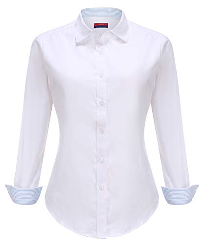 Jandukar Womens Oxford Long Sleeve Button Down Shirts Casual Dress Office Blouse (P-White,UK 12)