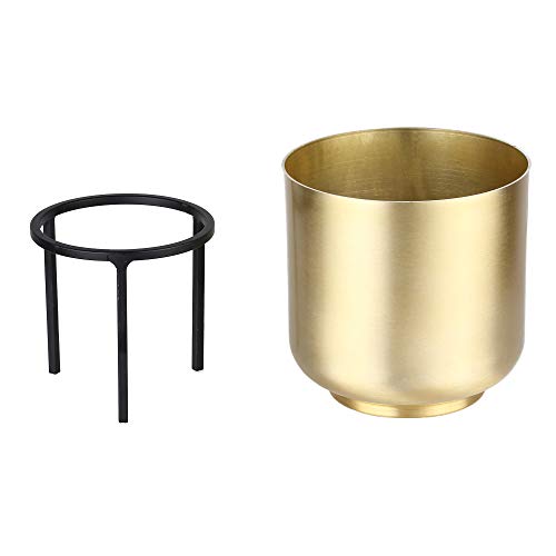NCYP Modern Mid Century 5.9" Round Golden Flower Pot Metal Planter with Black Iron Rack Stand Patio Indoor Planter for Flower Plants Cactus Succulents Areca Palm Fiddle-Leaf Fig (Large)
