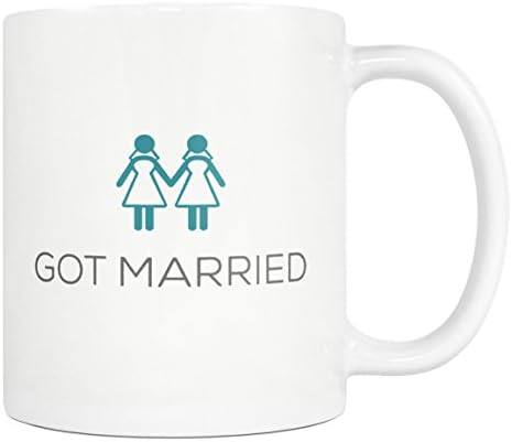 Got Married Coffee Mug - Gift For Lesbian Couple, Gay Wedding, Honeymoon, Marriage, Newlyweds, Her, Bride - 11oz White, Blue Tea Cup