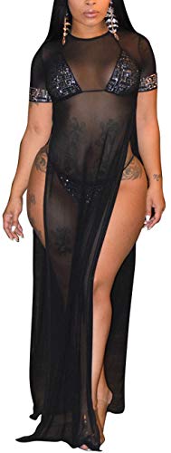 Women's Sexy Long Maxi Dresses Summer Casual See Thru Round Neck Short Sleeve Sheer Mesh Beach Cover Ups Loose Stretchy Plus Size Swimsuit Split Side with Fake Diamond