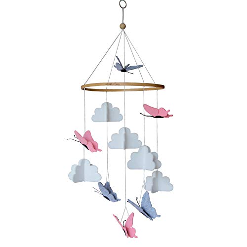 Sorrel and Fern Crib Mobile Butterflies in the Clouds Grey and Pink Baby Ceiling Nursery Decor with Natural Wooden Teether